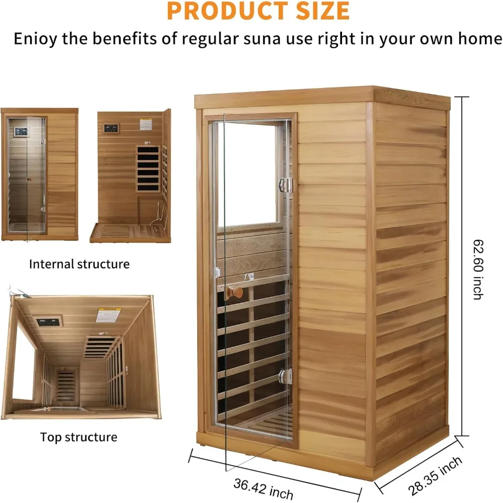 Infrared Wooden Sauna 1 Person Infrared Saunas for Home Dry Sauna for Home,Low Emf Infrared Sauna 1050W Indoor Saunas