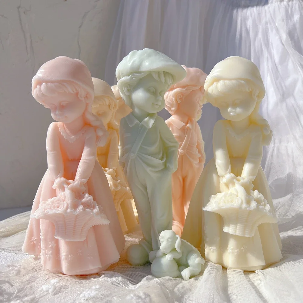 Girl and Boy Candle Mold Nordic Flower Lady Sculpture Wax Mould Female Figure Art Modern Home Desk Decor Statue Silicone Mold