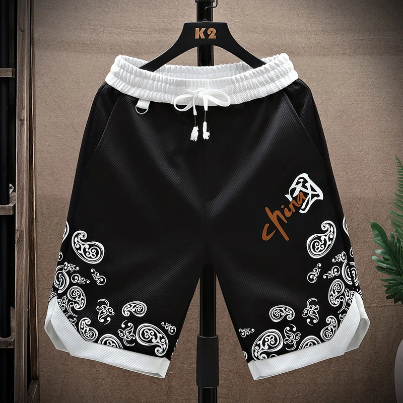 Summer Running Shorts Men Casual Jogging Sport Short Pants patchwork Print Drawstring Loose Dry Gym Sports Shorts