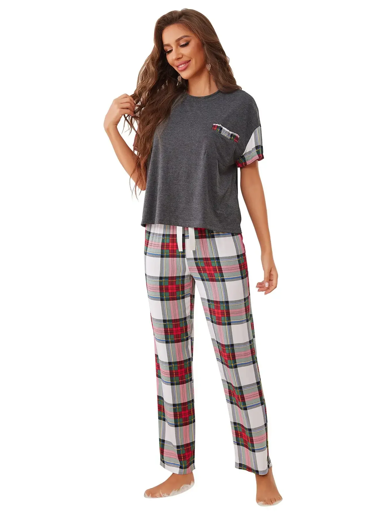 Women Pajama Sets Short Sleeves O Neck Top&Full-Length Plaid Pants Female 2 Piece Female Sleepwear Nightwear Homwear With Pocket