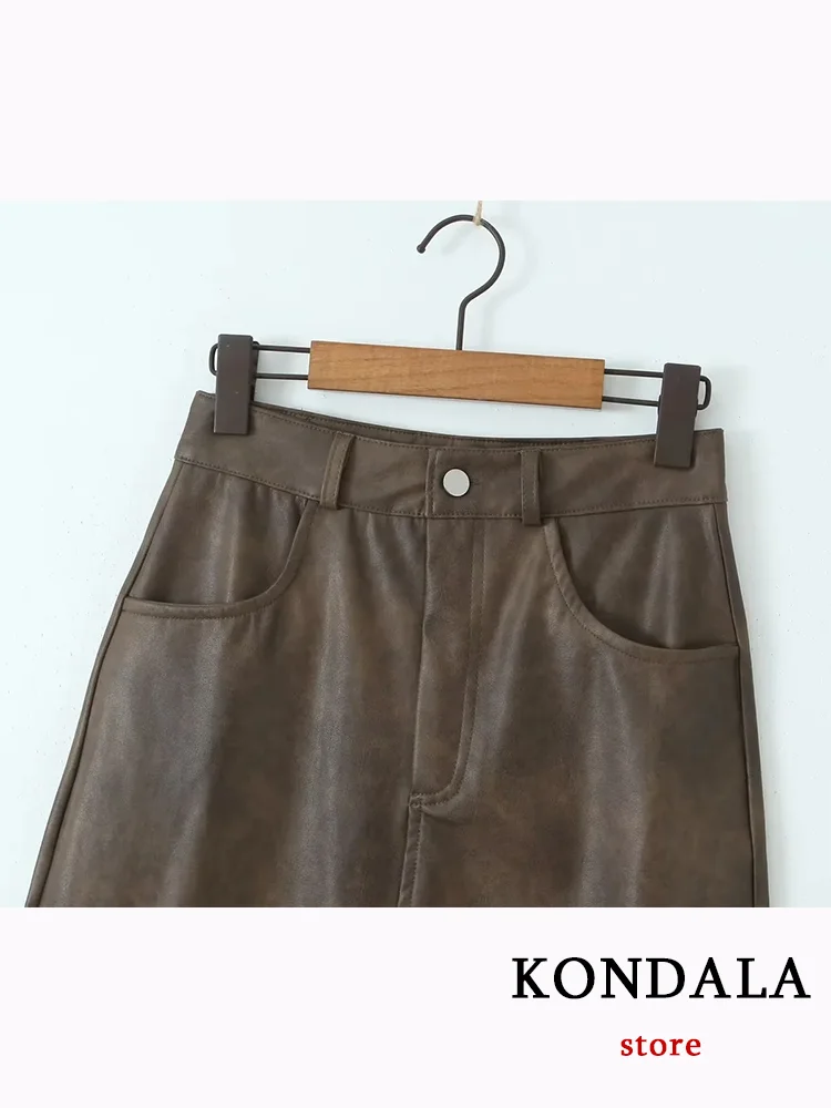 KONDALA Casual Leather Women Skirt Solid Zipper Pockets Front Slit Long Straight Skirt Fashion 2023 Autumn Winter Long Skirts