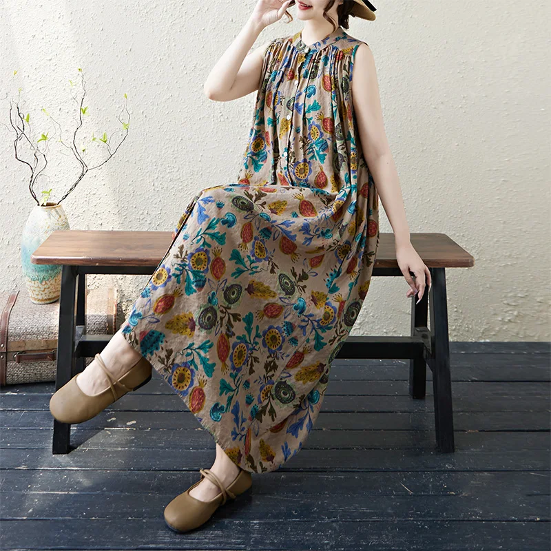 

Summer New plus Size Loose Faion Cotton Linen Print Open Cardigan Svel Stand Collar Dr High Waist A-Line Skirt