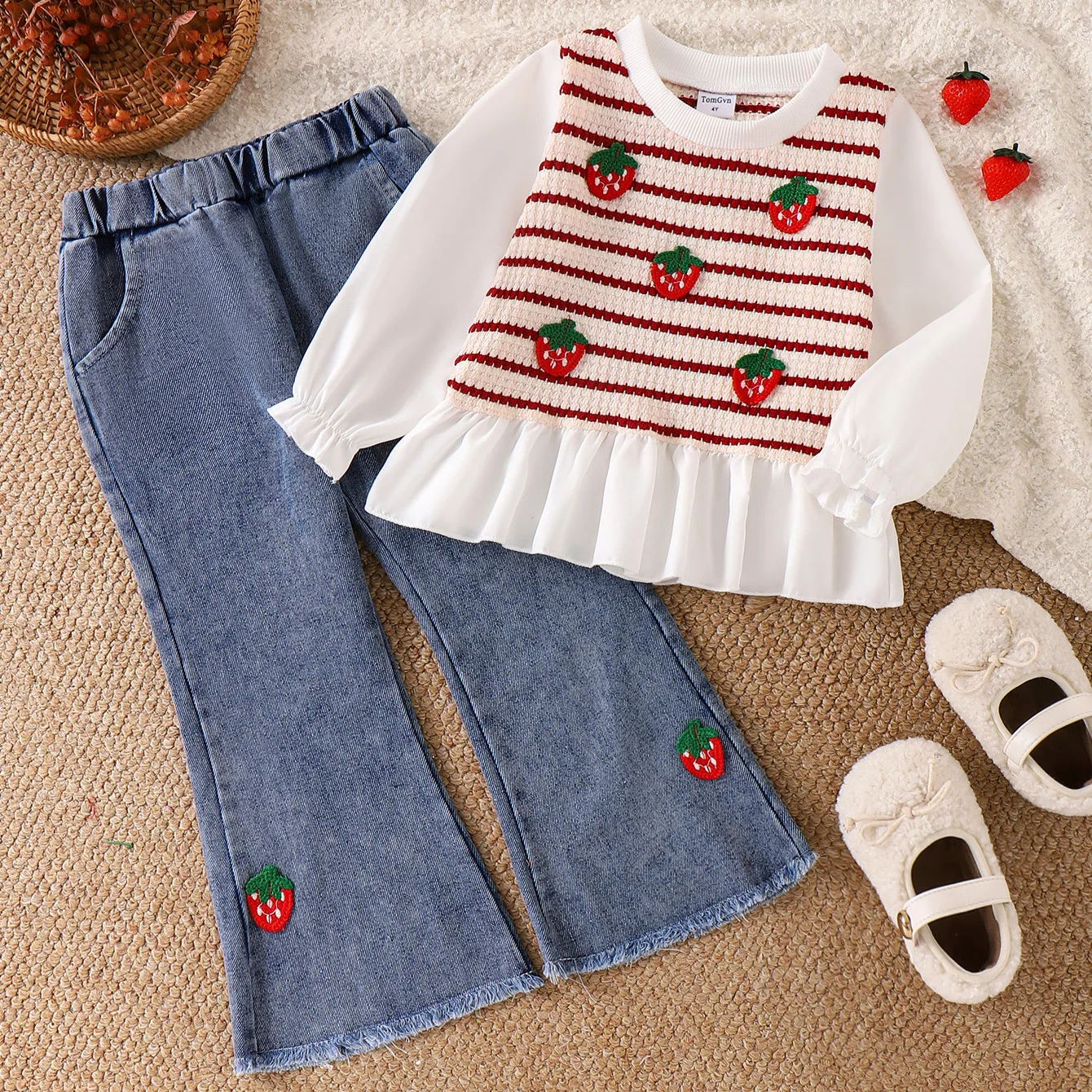 Strawberry Striped Fake Two Layer Top Embroidered Denim Flare Pants Baby Girl Sweet Two Piece Set Casual Childrens Wear