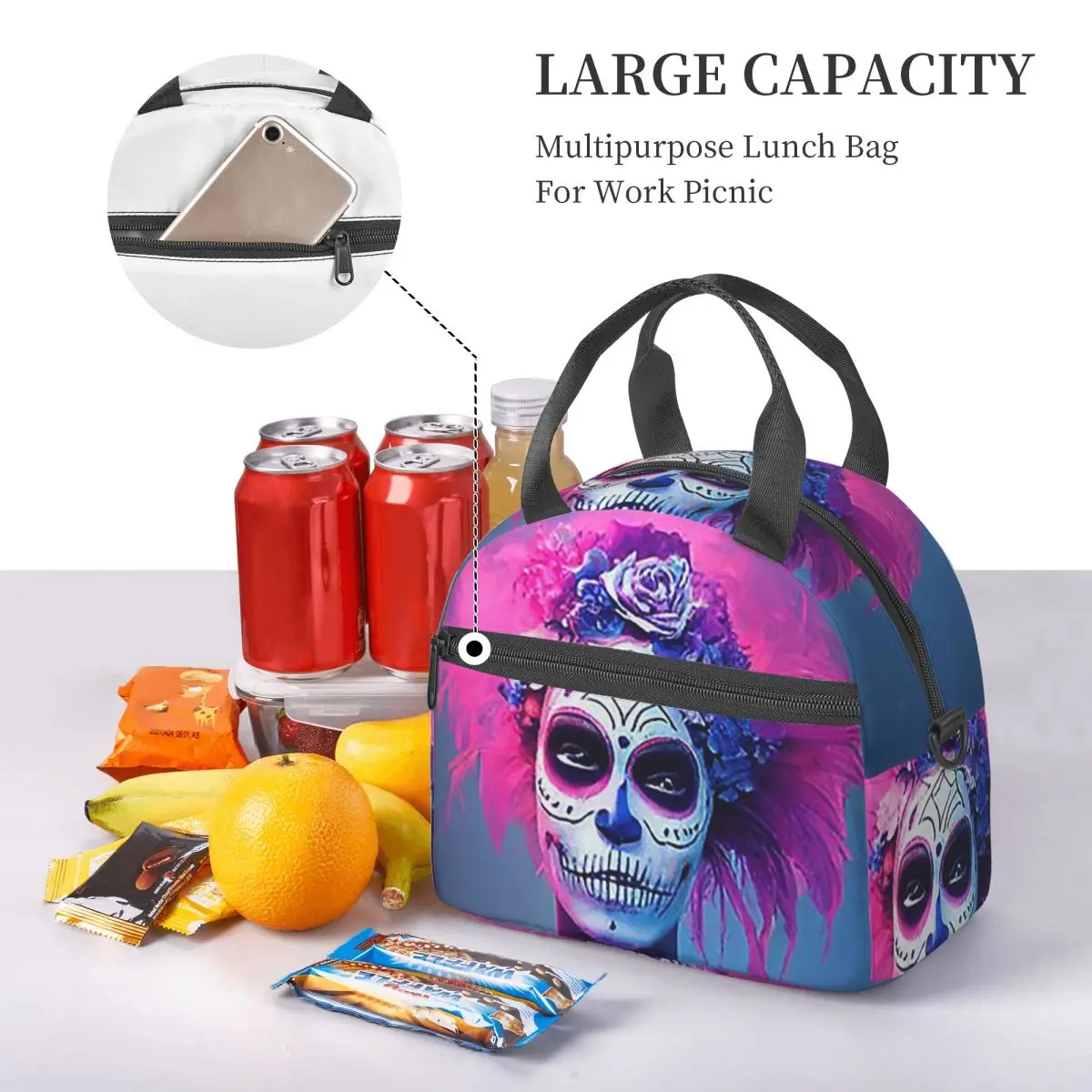 Alexander Gothic Las Elegantes Girls Day Of Dead Skull Borse per il pranzo Bento Box Lunch Tote Borse da picnic Borsa termica per la scuola della donna