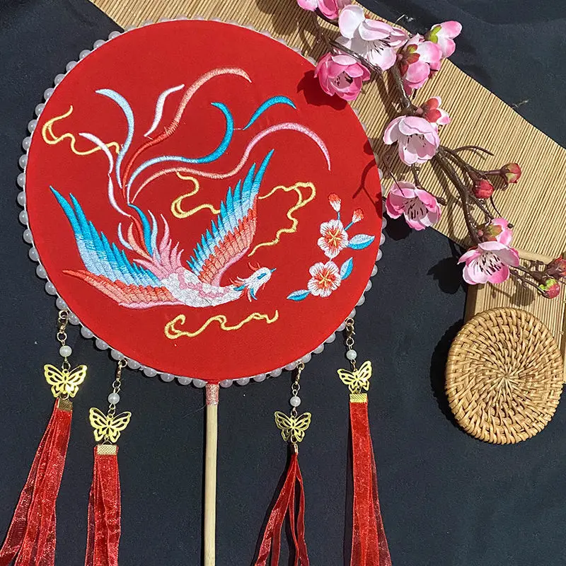 Ancient Style Embroidered Fan with Streamers Palace, Embroidery Fan Costume, Photo Props, Wedding Party Decoration, Gifts