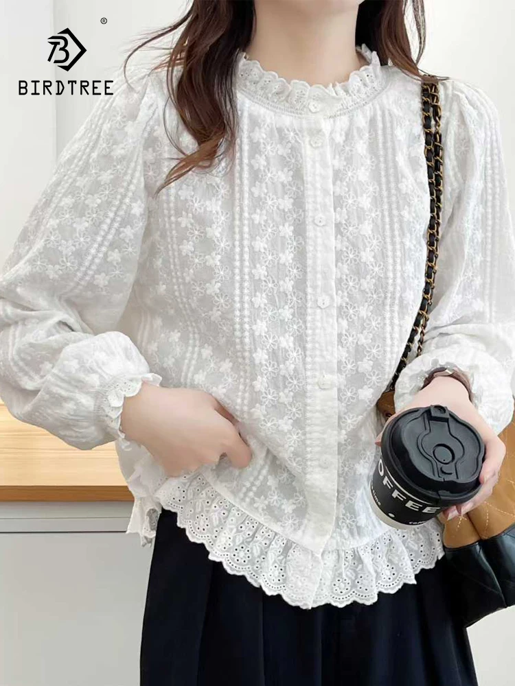 

Новинка 2026, весенняя хлопковая рубашка с длинными рукавами, женская лоскутная рубашка с рюшами и вышивкой, универсальная свободная блузка в стиле ретро Mori Girl T5D951CC