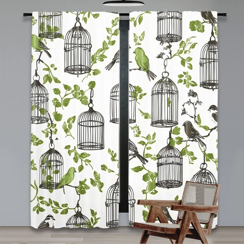 2Pcs Vintage Curtain Antique Birdcages On Ivy Leaf Love Couple Escape Freedom Suitable For Bedroom Bathroom Living Room Dining