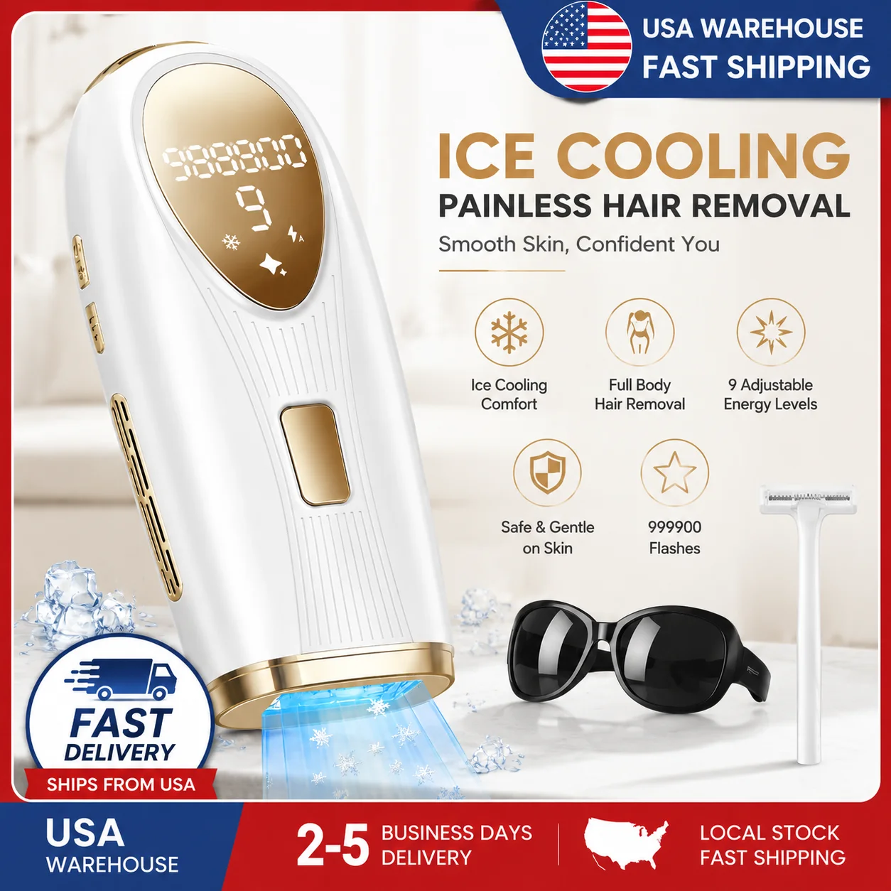 IPL Hair Removal for Women and Men, At-Home Painless IPL Device with 5° Ice Cooling, 85% Hair Reduction for Armpits & Bikini and Full Body
