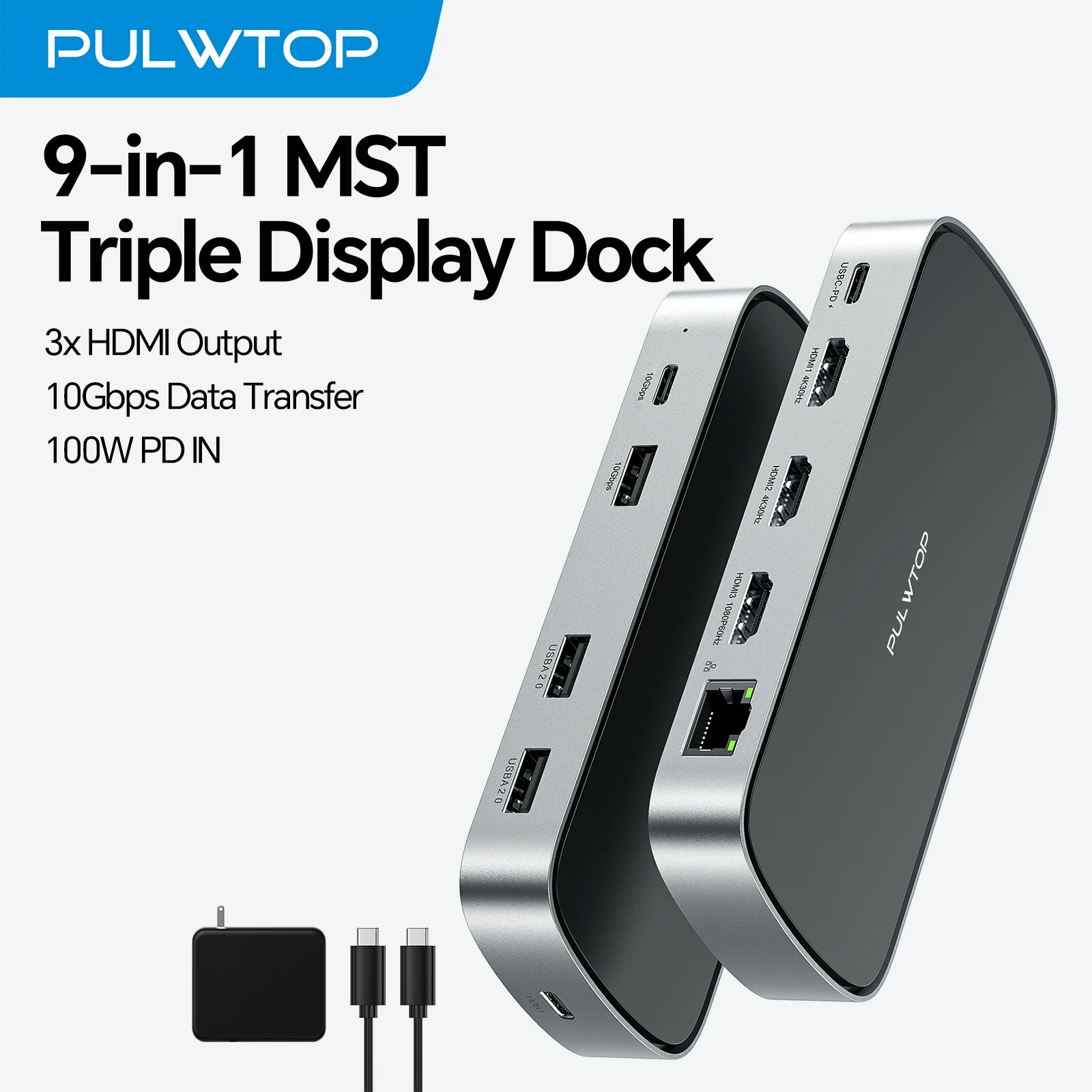 

Док-станция PULWTOP 3 HDMI Triple USB C для MacBook/Windows, док-станция USB C с адаптером питания, PD, USB A/C 10 Гбит/с, Ethernet
