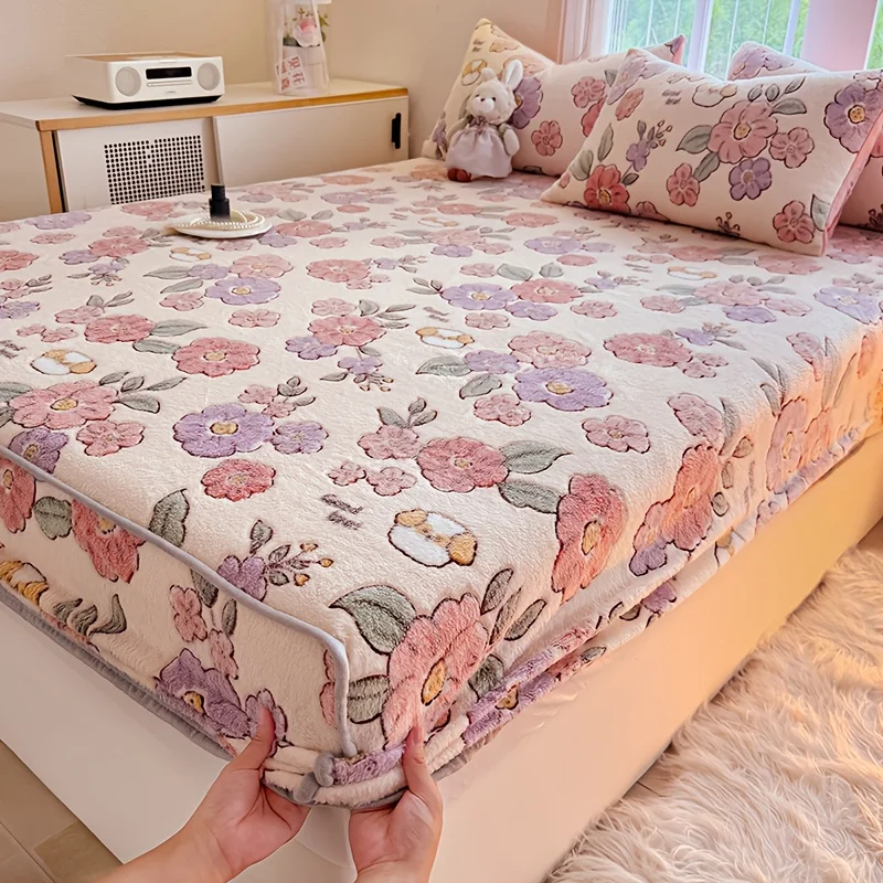 

1pc Thick Floral Print Flannel Fitted Sheet,Machine Washable, Fits Standard Beds (Pillowcase Not Included),Bedding Accessories