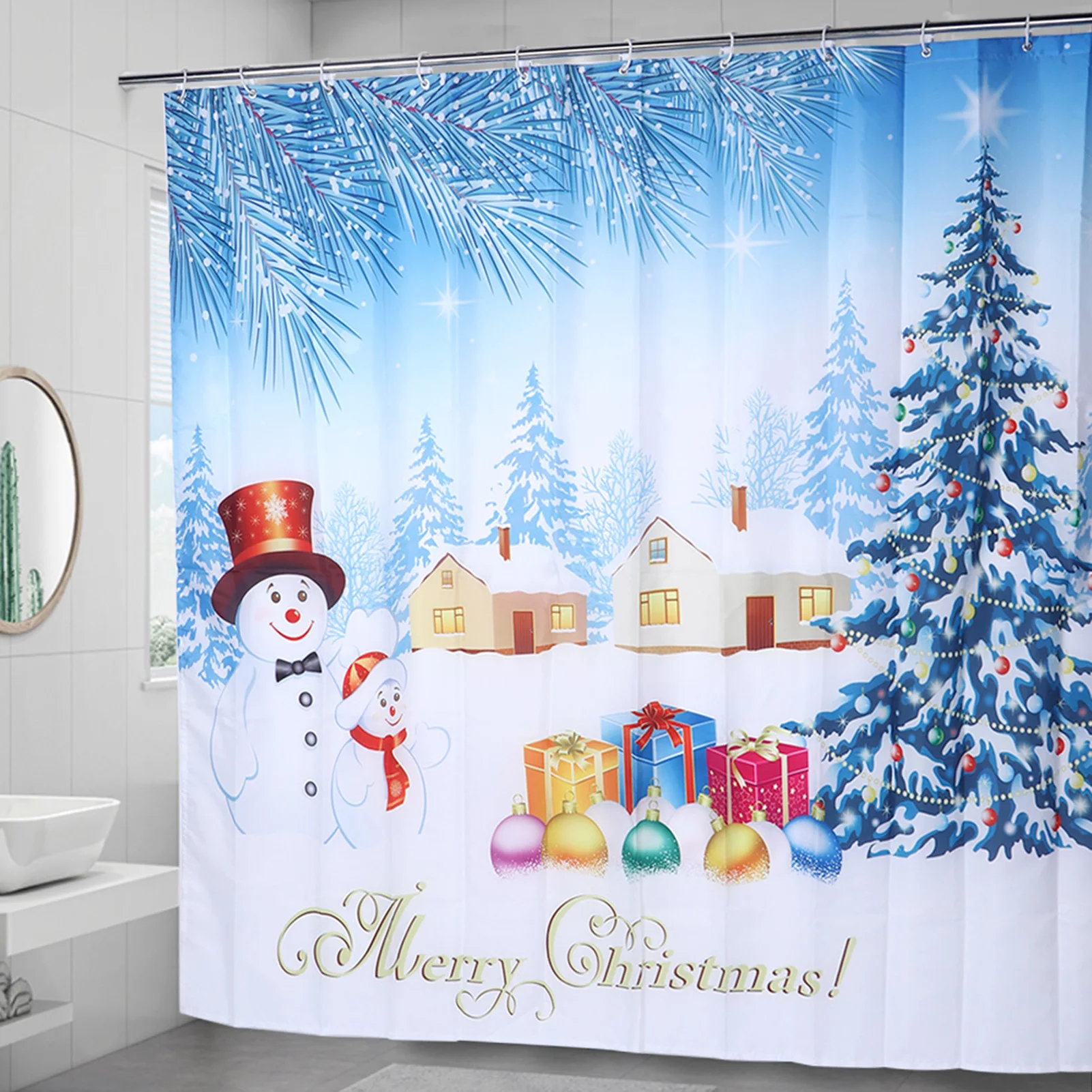 200x180cm Christmas Themed Pattern Waterproof Bathroom Shower Curtain With Hanging Hooks