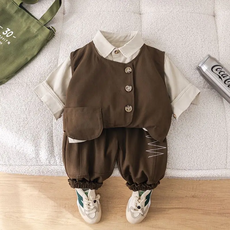 Fashion Toddle Boys Clothes Autumn Spring Vest+Shirt+Loose Pants 3Pcs Korean Version Kids Coat Casual Fashion Handsome Clothes