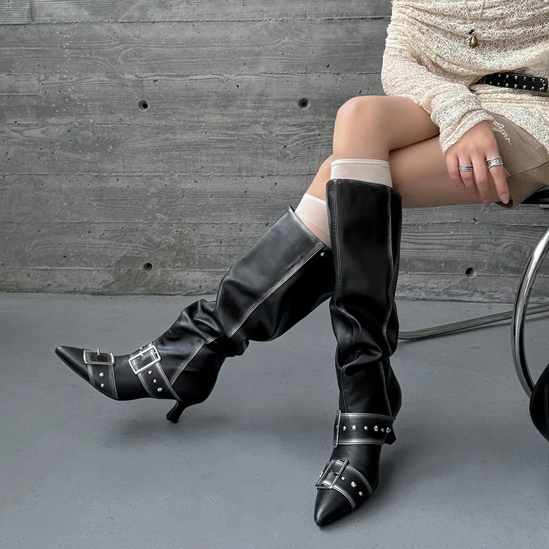 

Arden Furtado Autumn cowhide Pleated Modern boots Pointed toe slip-on Stilettos heels Knee high boots Belt buckle Women's Boots