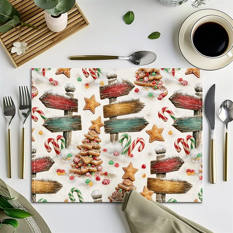 VIKAMA Christmas Linen Placemats, Retro Santa Sleigh Reindeer Village, Machine Washable, Holiday Dinner