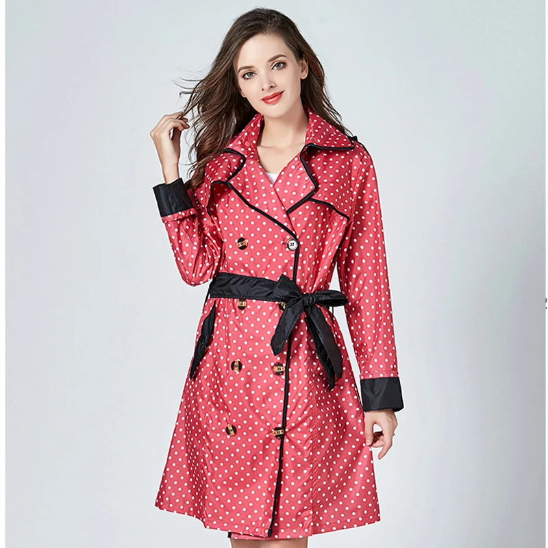 Women Lightweight Rain Coat Dot Print Poncho With Bow Hat Ladies Waterproof Long Raincoat Adults Men Rain Coat Jacket With Belt