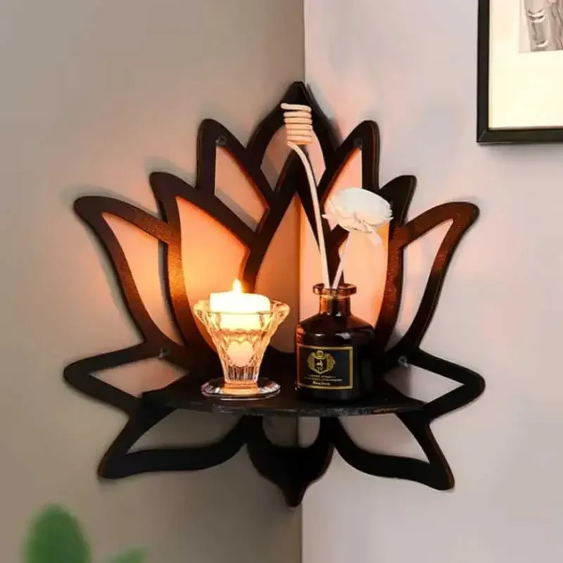 New Hot Wooden Lotus Hollow Decorative Rack Aromatherapy Organiser Essential Oil Candle Holder Wall Mounted Shelf Corner Shelf