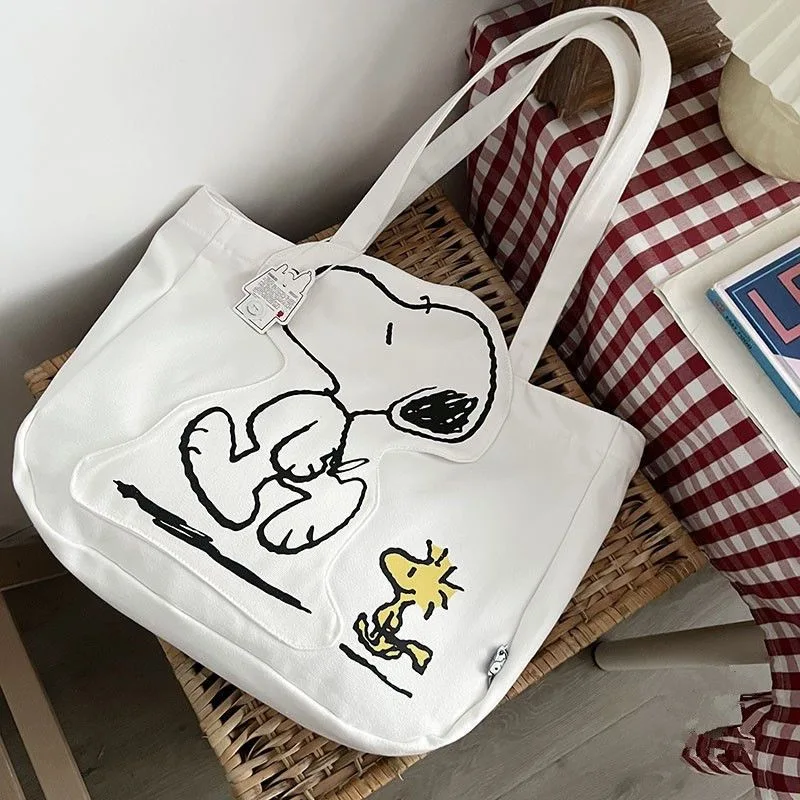 Animazione Snoopy borsa Tote in tela a spalla singola bianca di grande capacità borsa per mamma all\'aperto borsa per libri per IPad zaino per ragazze