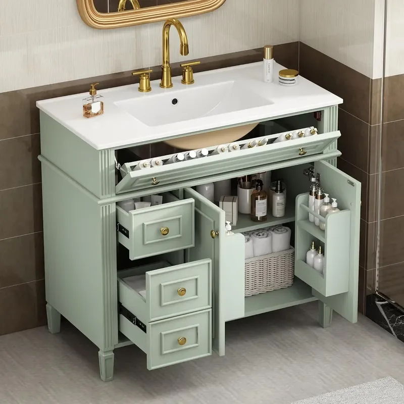 36 Bathroom Vanity Cabinet with Ceramic Countertop Sink Combo Set Solid Wood Frame Tilt Out Drawers and Left Side Drawers