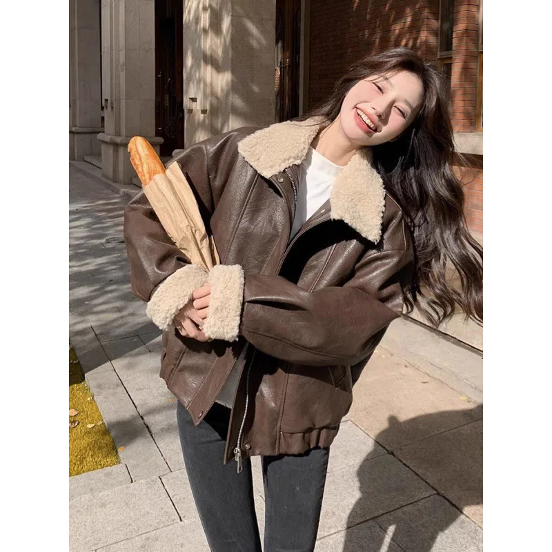 معاطف النساء سترات من الجلد الصناعي رفض طوق معطف صوف الضأن العمل Y2k الشارع الشهير سترة سستة ملابس خارجية الخريف الشتاء #5