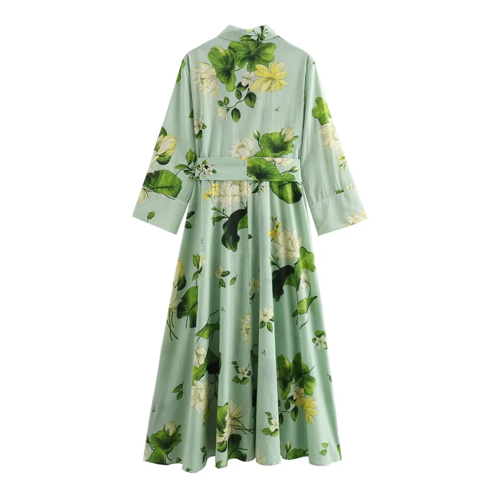 PB&ZA2024 Summer New Product Casual Women\'s Fashion and Elegance Slimming Matching Belt, Flower Print Shirt Style Dress