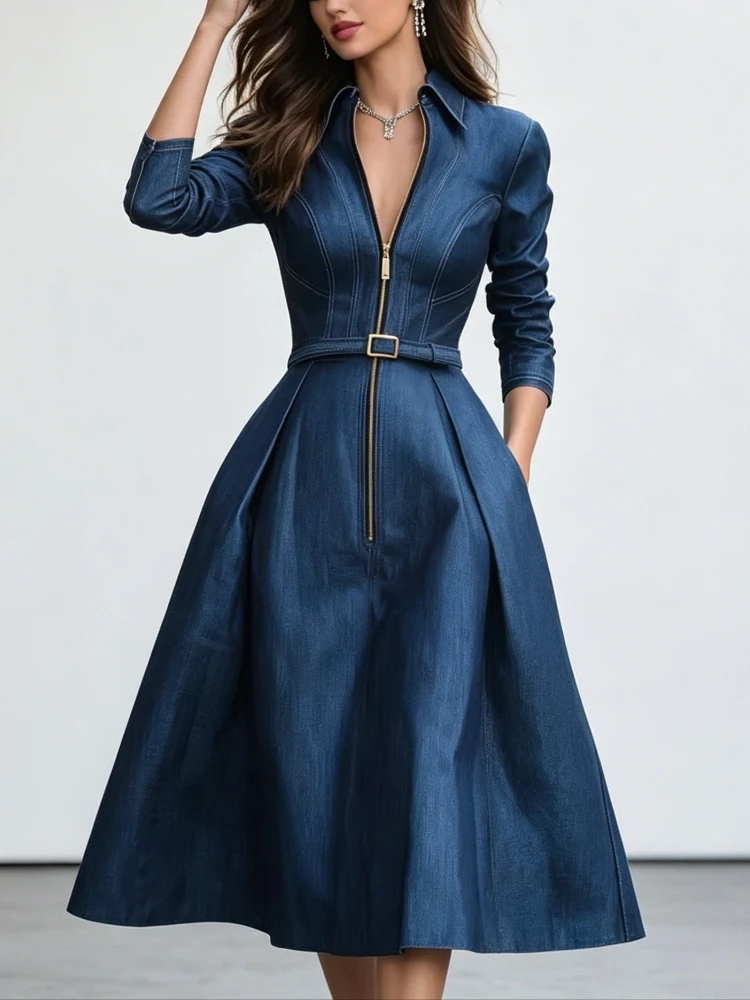 Modigirl Woman Blue A-Line Dresses 2025 Spring Fall New Pleated High Waisted Pockets Zipper Lapel Vintage Women's Midi Dress - Image 6