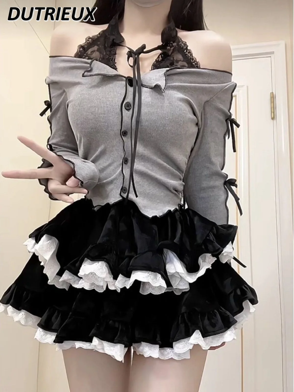 Y2k Halterneck Long-Sleeved T-shirt Slim Fit Off-Shoulder Single-Breasted Top Black White Puffy Cake Short Skirt Sweet Retro Set