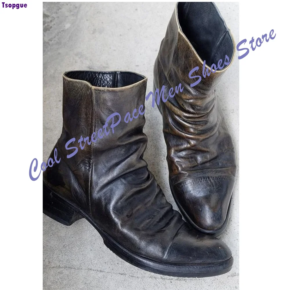 Botas de hombre vintage con efecto degradado y desgastado, de media caña, con caña suave y arrugada, tacón bajo cuadrado, estilo industrial 2026, para hombre, estilo urbano oscuro.