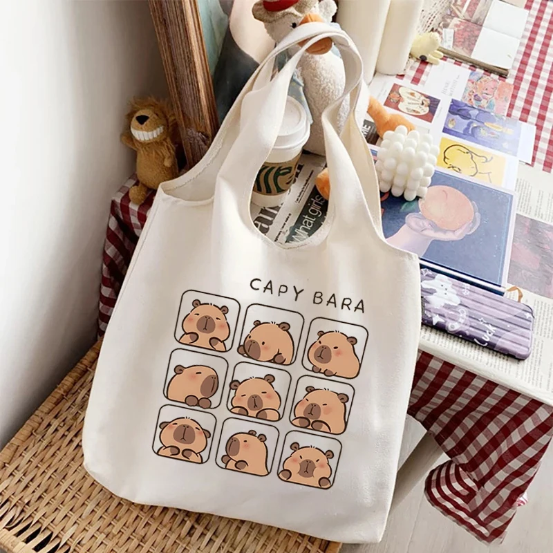 Cartoon Capybara Print White Canvas Tote Bag Organizer Women\'s Kawaii Eco Friendly Shopping HandBag Capybaras Cute Shoulder Bags