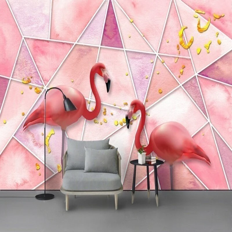Nordic Style Custom Wall Mural for Living Room Bedroom, Pink Flamingo with 3D Geometric Pattern Wallpaper Background Decoration