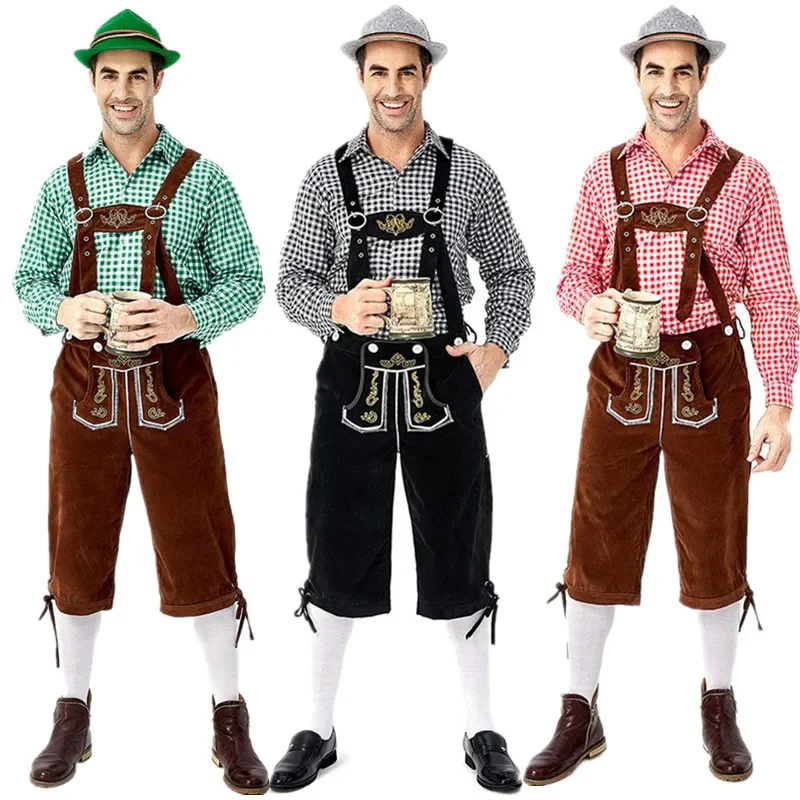 Men's Oktoberfest Carnival Costumes Beer Lederhosen Bavarian German Adult Party Cosplay Overall Shirt Outfit Hat