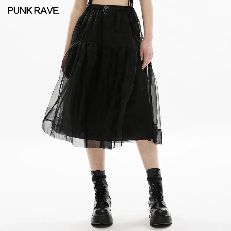 PUNK RAVE Women's Dark Two Wear Slip Mesh Dress Metal Skull Triangular Flag Decoration Micro Elastic Lining Black Skirts