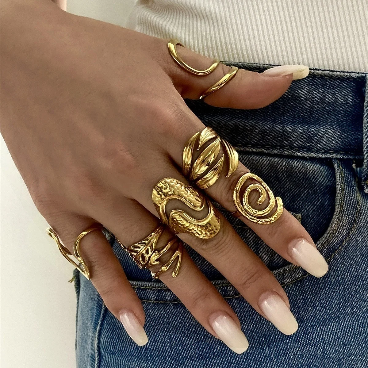 Punk-Ringe aus gehämmertem Edelstahl mit hohlem S-förmigem Blütenblatt- und Spiral-Design für Damen und Herren, trendiger geometrischer stapelbarer Fingerring-Schmuck – Detail 6