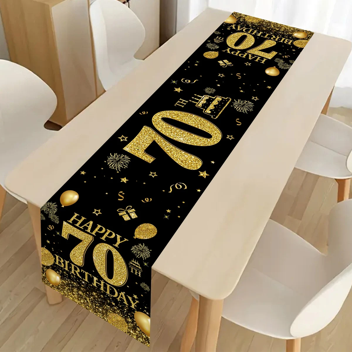180*35cm 70th Birthday Table Runner Black Gold Polyester Tablecover For Adult 70 Years Old Birthday Party Home Table Decoration