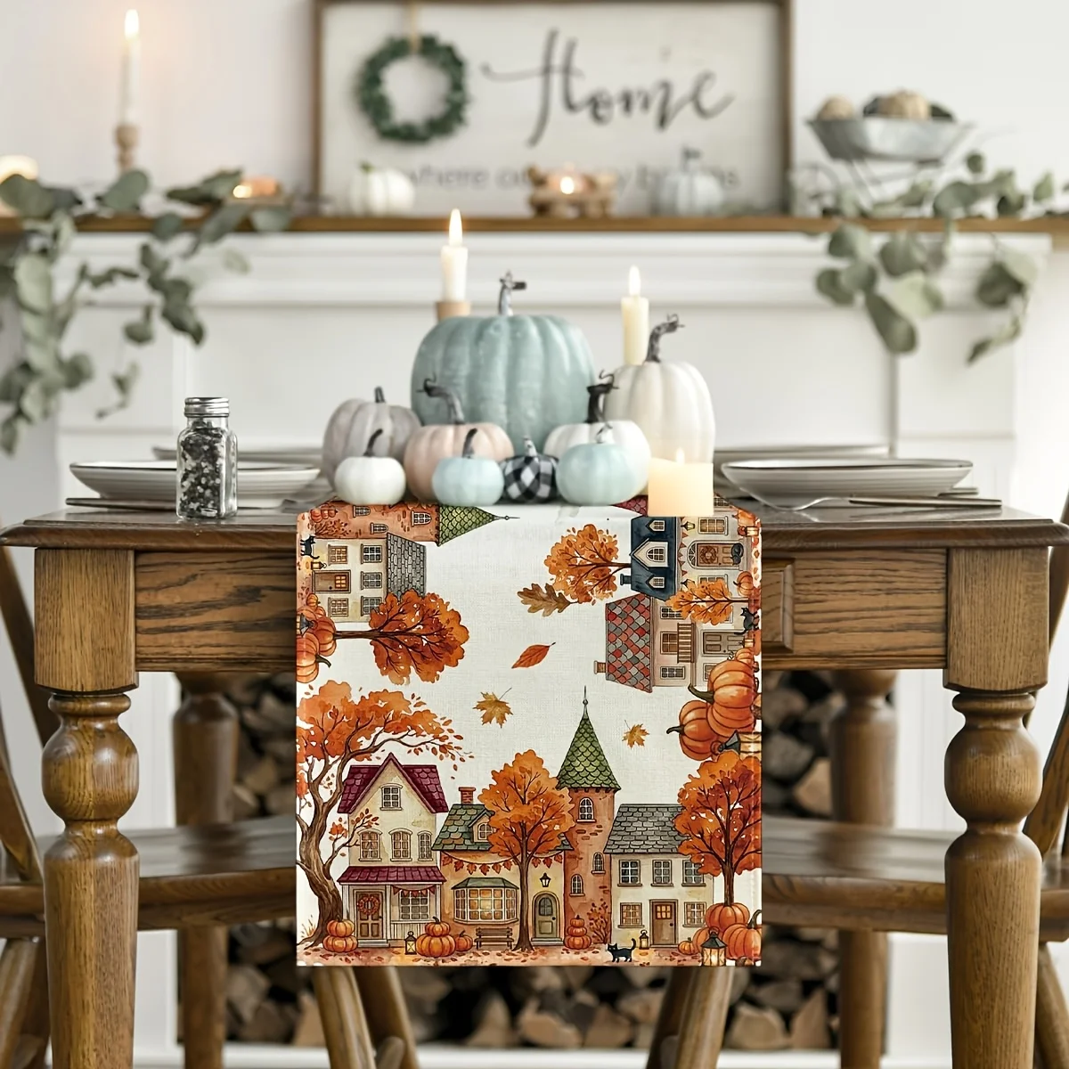 1pc Dokriy Whimsical Countryside Fall Table Runner Colorful Roof House Autumn Tree Leaf Pumpkin Print for Farmhouse Kitchen