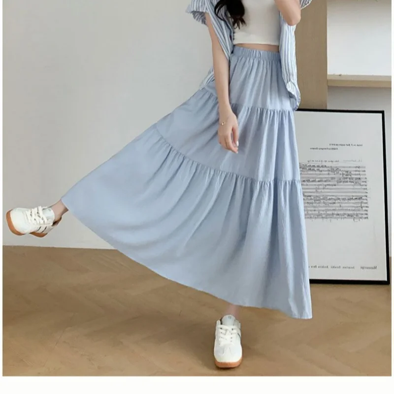 Elegant Solid A-LIne Cake Long Skirts Fashion Women Vintage High Waist Elastic Spring Dresses Office Lady Commute Chic Skirt