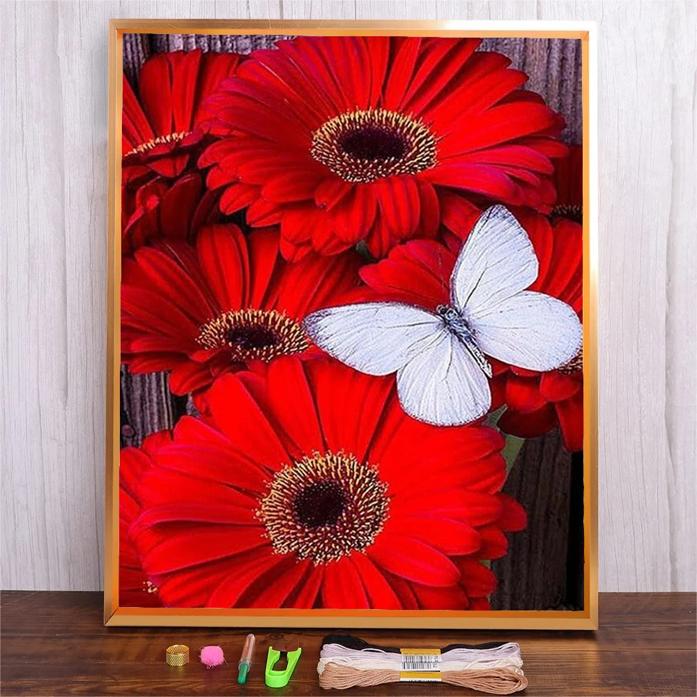 

DMC Threads Cross Stitch Kit Red Daisy Flower 11ct Fabric Cloth Hand Embroidery Material Kit Cross-Stitch Needlework Crafts