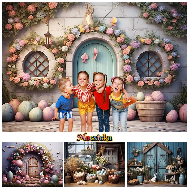 

Spring Easter Backdrop For Photography Flower House Door Egg Rabbit Children Birthday Baby Shower Background Decor Photo Studio