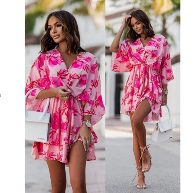 Robe de soirée à volants pour femmes, tenue de plage, sexy, col en V, mini, style boho, décontractée, imprimé floral, manches chauve-souris, été