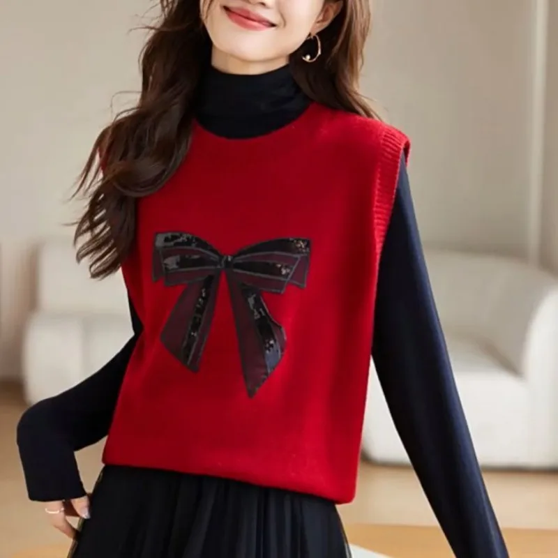 

Женский свитер с блестками, модная одежда, новинка 2025 года, трикотаж, топы, жилет, роскошный эстетический тренд, теплый женский вязаный жилет с бантом