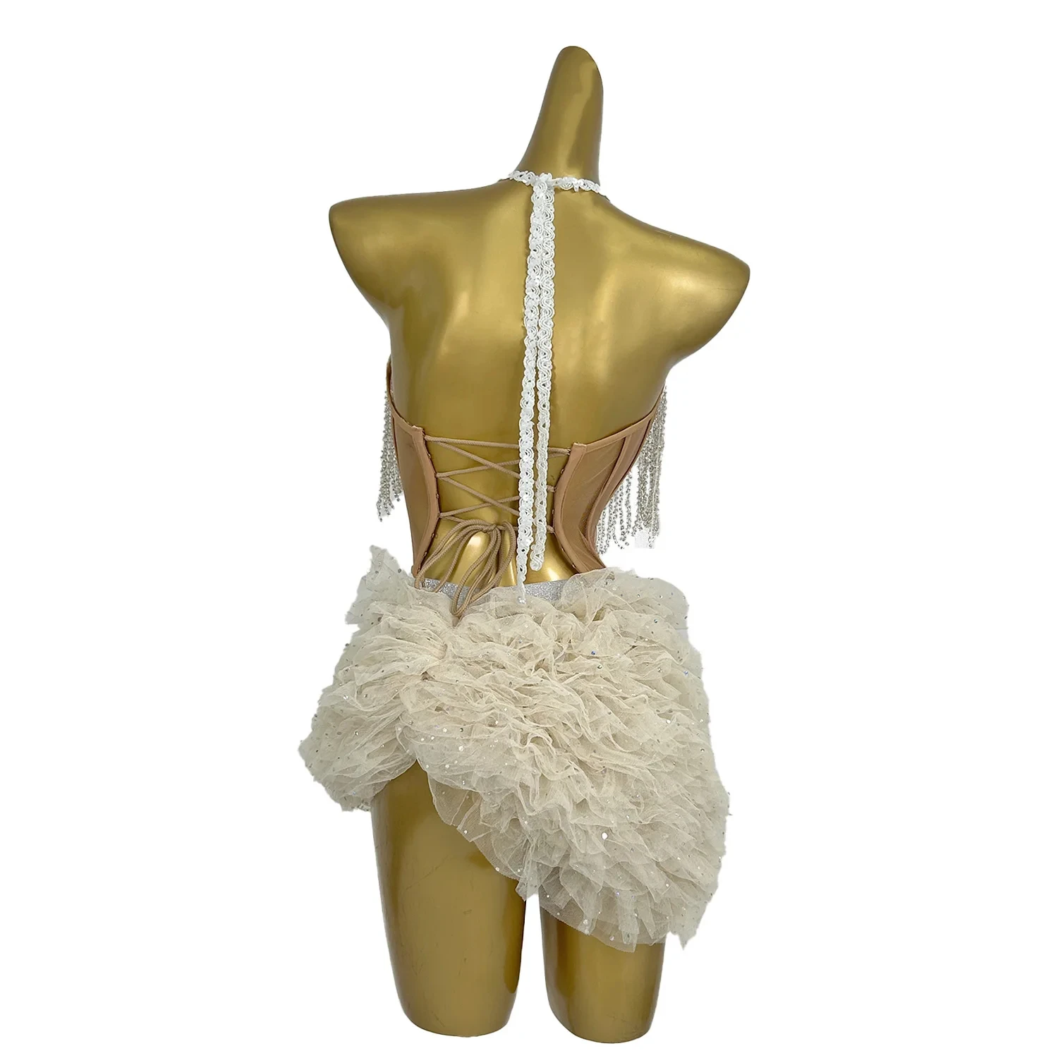 

Sexy Halter Tassel Rhinestone Corset Top Mini Skirts 2 Piece Sets Women Birthday Party Dinner Dress Club Show Festival Outfit