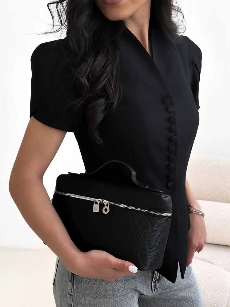 MCDV-camisas ajustadas con cintura elegante Irregular para mujer, Top corto de manga corta con cuello levantado y una botonadura, Tops elegantes para ir al trabajo de verano 2025