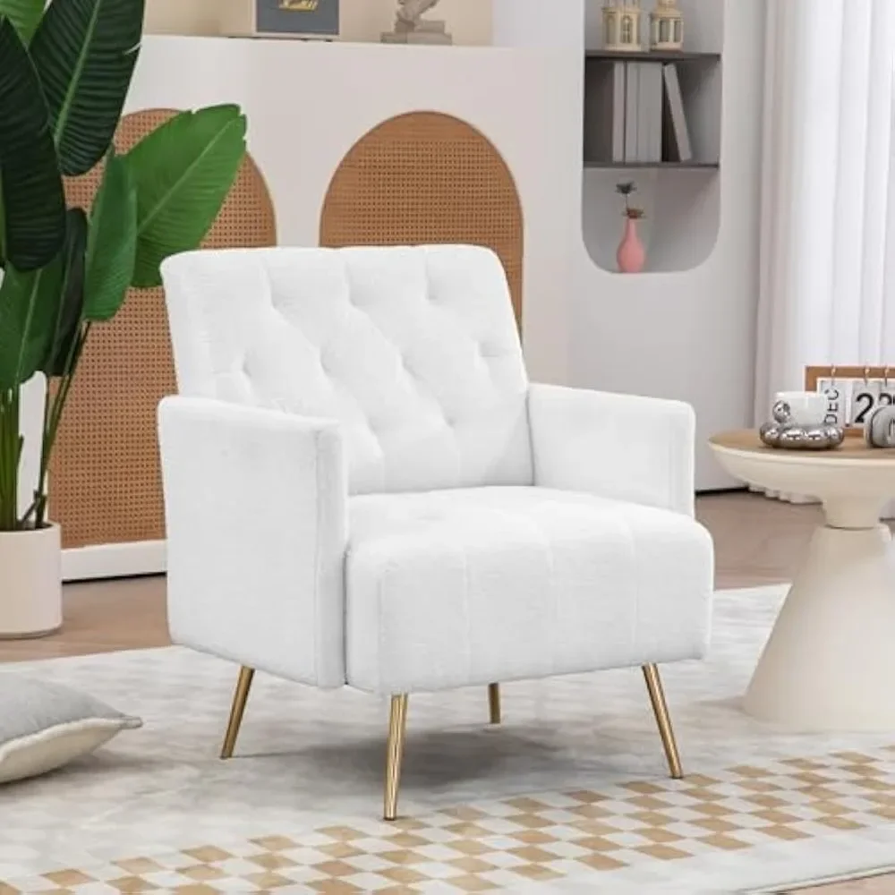 Modern Sherpa ornament chair, tufted armchair in fabric, gold steel legs, reading chair in fabric, comfortable living room chair