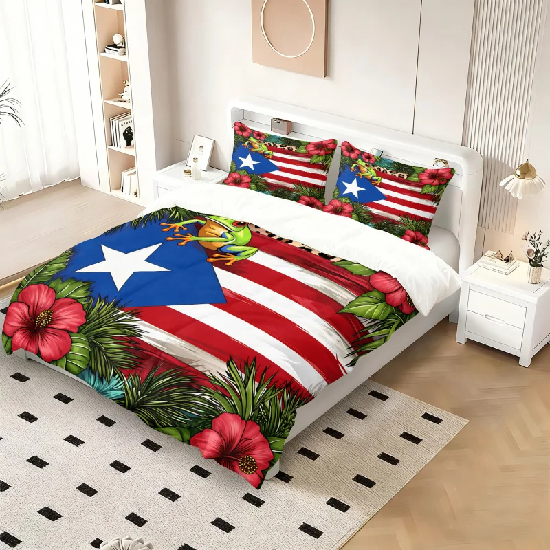 Puerto Rico Flag Caribbean Tropical Puerto Rico Bedding Set Coqui Frog Domino Guitar Palm Hibiscus Print Duvet Cover Bed Set