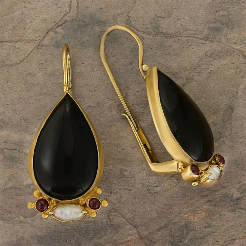 Delicate Gold Color Waterdrop Geometry Black Stone Earrings for Women Long Dangle Earrings Wedding Engagement Jewelry