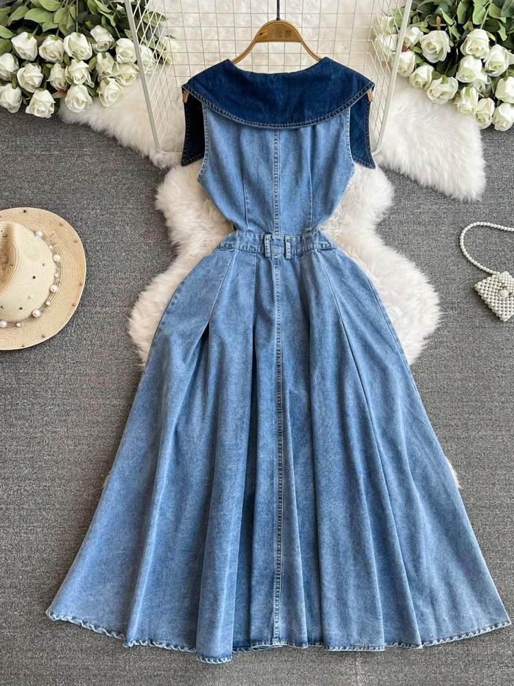 Dżinsowa długa sukienka z wycięciem w talii sukienki bez rękawów dla kobiet lato wyszczuplający temperament dekolt w serek rozcięcie Denim Vestidos