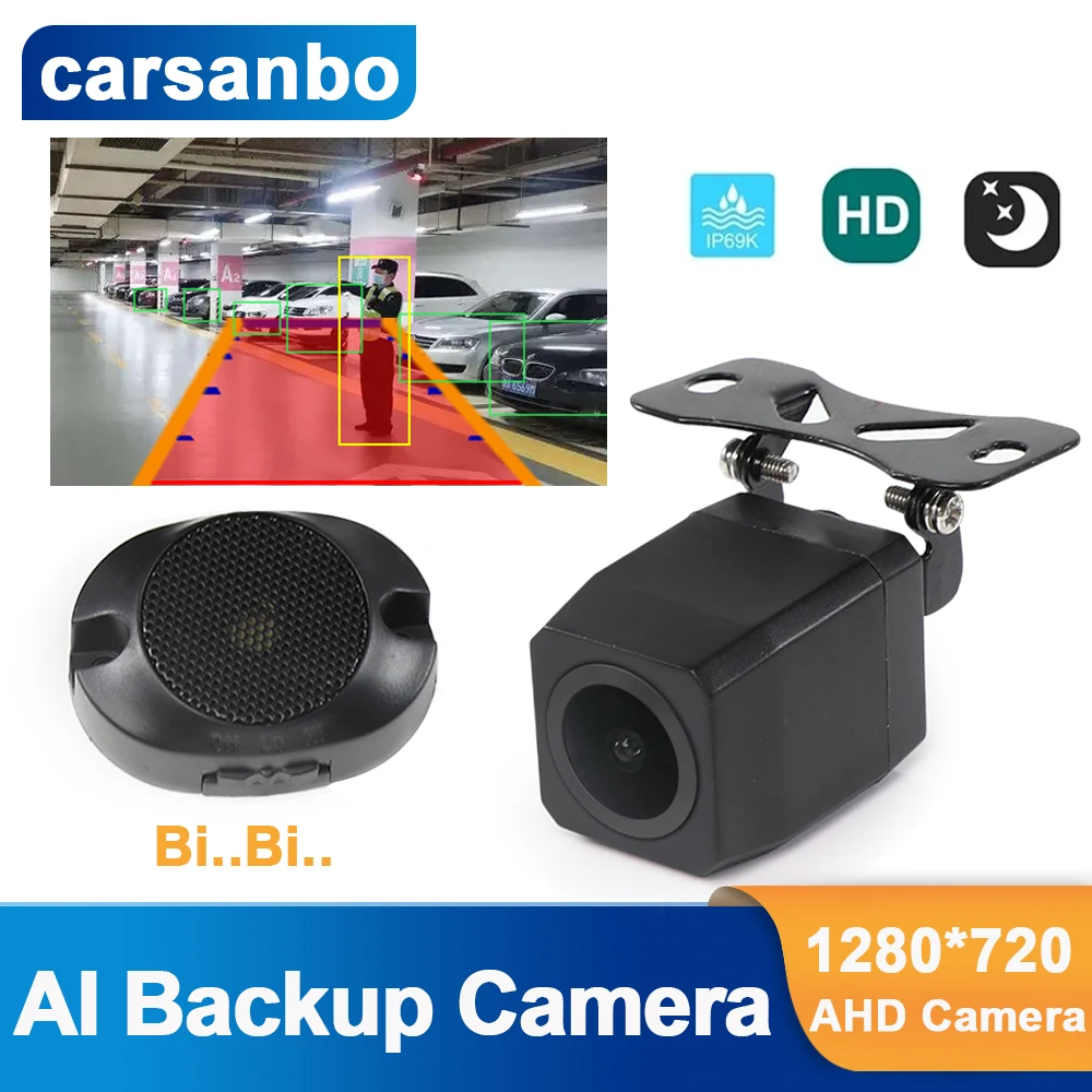 

Carsanbo AI Back up Camera with Speaker Automotiva AHD Rear View Artificial Intelligence Wide Angle BIBI Alarm Reverse Camera