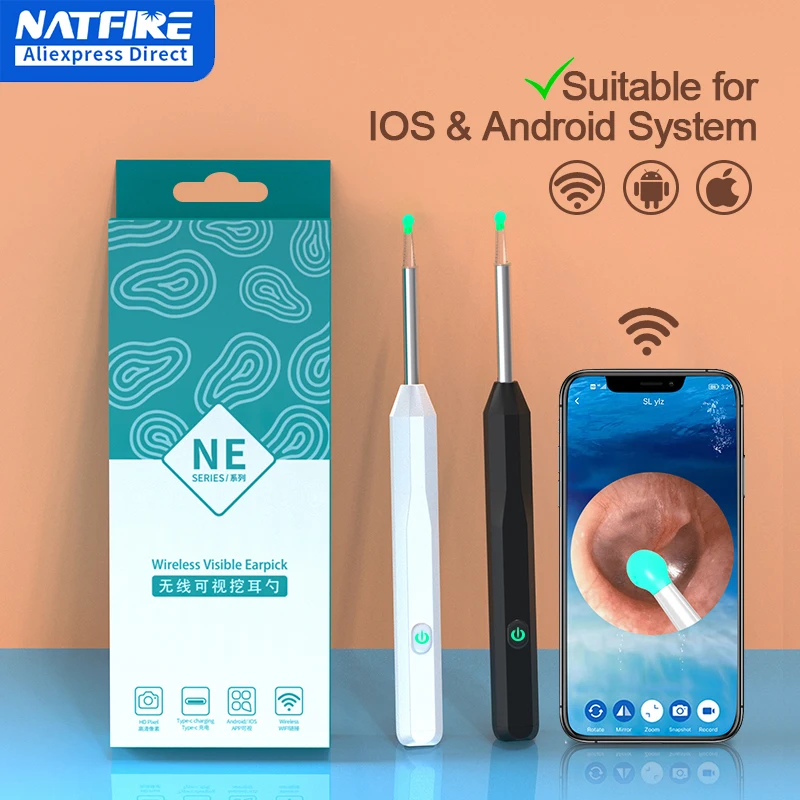 NATFIRE NE6 Wireless WiFi Ear Pick Otoscope Camera 1296P Borescope Luminous Ear Wax Cleaning Teeth Oral Inspection Ear Cleaner