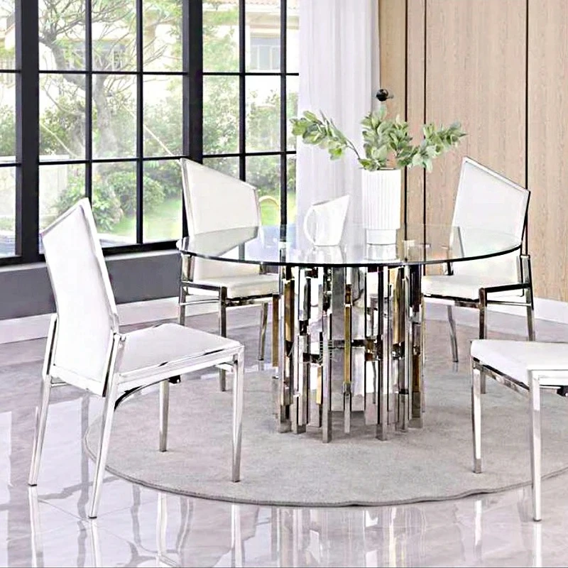 Modern simple tempered glass dining table, living room high-end mirror stainless steel round household dining table