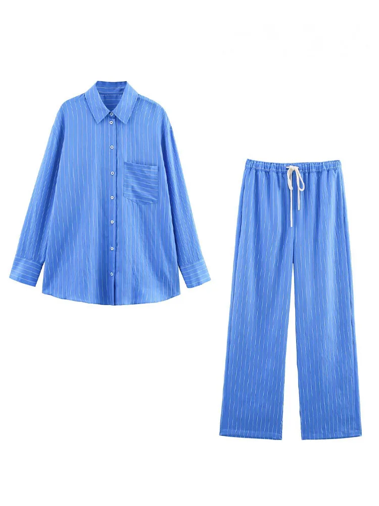 HH レディース ストライプ柄パンツスーツ ファッション ラペル 長袖 ポケット付き シングルブレストブラウス+サマーパジャマ風 ドローストリングパンツ