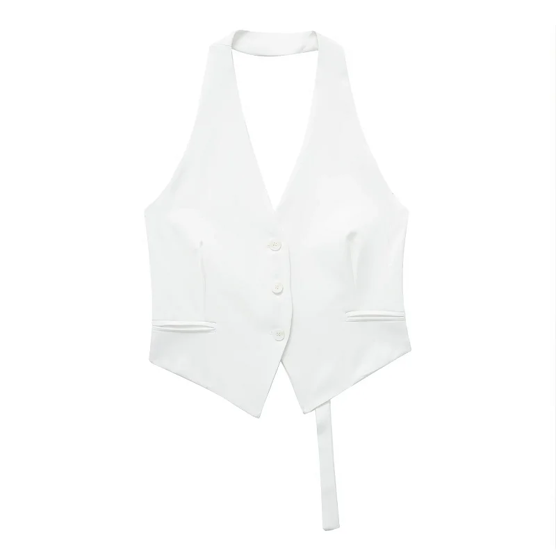 TRAF Top Women Summer 2024 Cropped Halter Tank&Camis Tops Ladies Fashion Casual Sexy White Black Grey Sleeveless Vest Tops